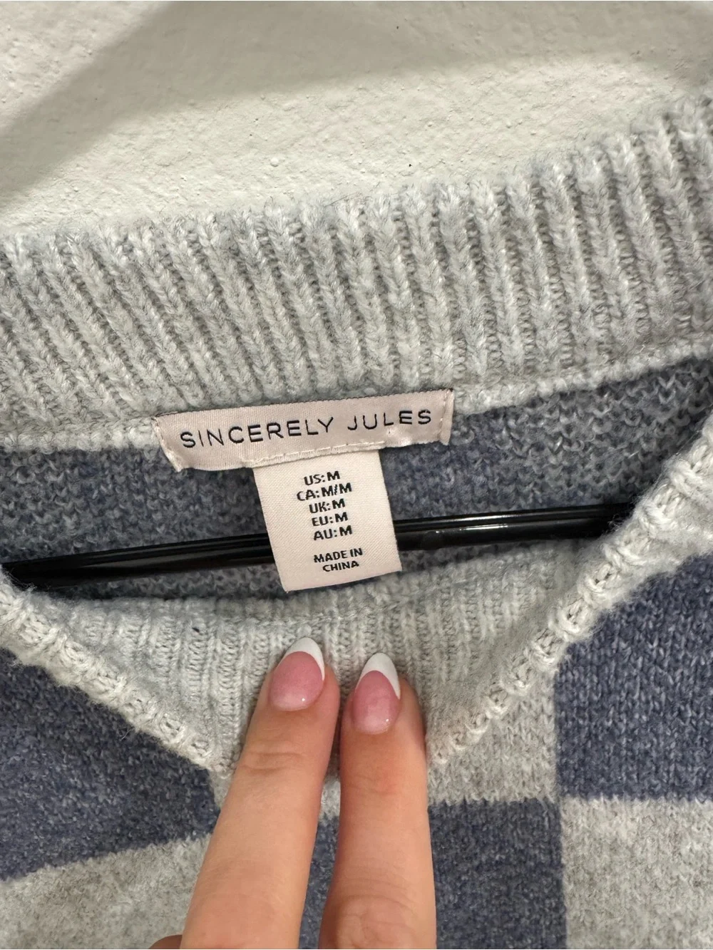 Sincerely Jules Gray and Blue Checkered Crewneck Sweater